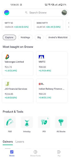 selection of F&O for option trading in Groww app